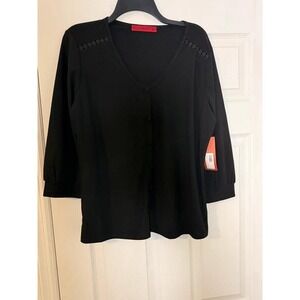 Love Scarlett Black V-Neck Button Front Blouse Eyelet Shoulder 3/4 Sleeve L